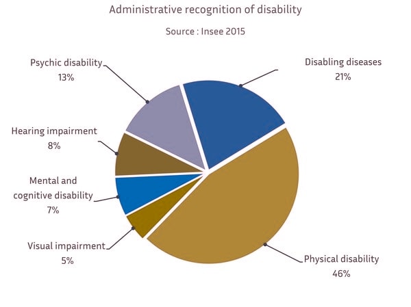 Circle chart of 6 information on the Administrative Recognition of Disability, where color is not the only vector of information: the data is grouped and understandable regardless of color perception (detailed description below).