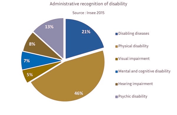 Circle chart of 6 information on the Administrative Recognition of Disability, given only by color (detailed description below).