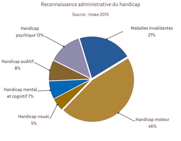 Graphique en cercle de 6 informations sur la Reconnaissance administrative du handicap, où la couleur n'est pas le seul vecteur d'information : les données sont regroupées et compréhensibles quelle que soit la perception des couleurs (description détaillée ci-après). 