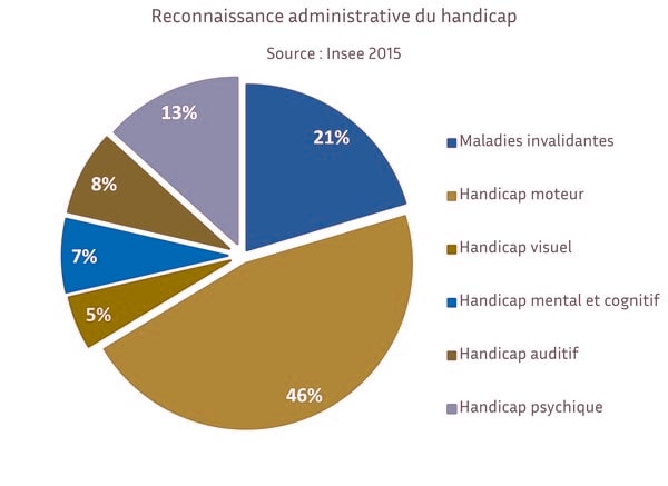 Graphique en cercle de 6 informations sur la Reconnaissance administrative du handicap, données uniquement par la couleur (description détaillée ci-après). 