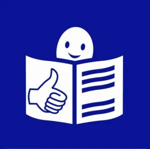 Official Easy-to-read Logo: The logo features a smiling character reading a book. On this book, there is an icon of a thumbs-up.